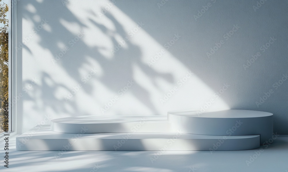 Poster minimalist product display stand with soft natural light and building shadows on white background