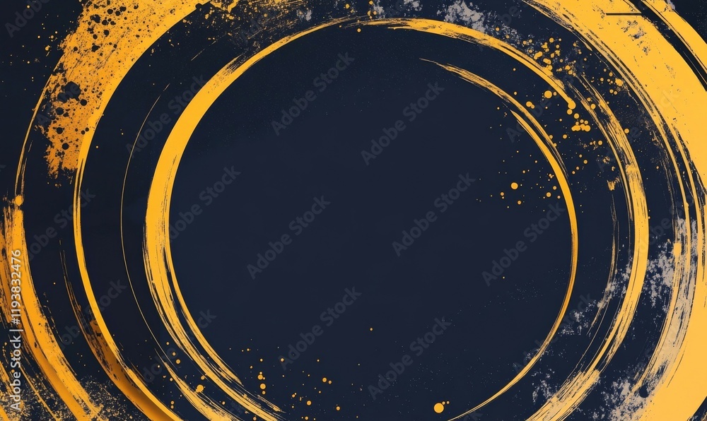 Poster abstract circular frame technical sketch in navy blue and mustard yellow on isolated background with