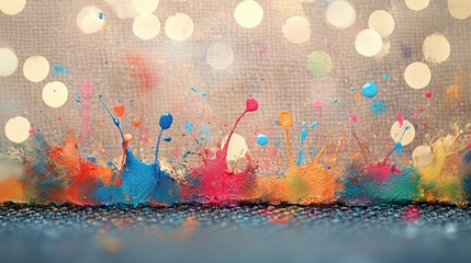 Abstract paint splashes on textured canvas with soft bokeh circles