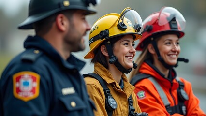 police officer, a firefighter and a female paramedic. They look happy and relaxed because they have completed their work, public safety agents