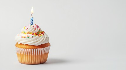 A Single Birthday Cupcake with a Lit Candle