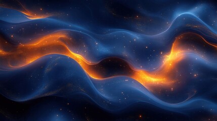 Abstract background with blue and orange glowing waves and particles. Dynamic motion and energy, cosmic and futuristic design.