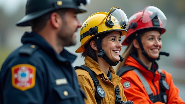 police officer, a firefighter and a female paramedic. They look happy and relaxed because they have completed their work, public safety agents