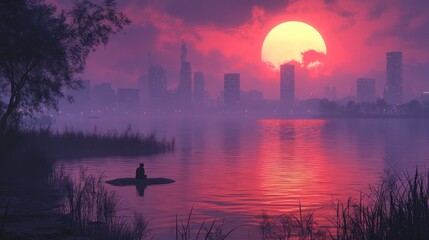Naklejka premium Solitary Sunset Silhouette: A Cityscape Reflection