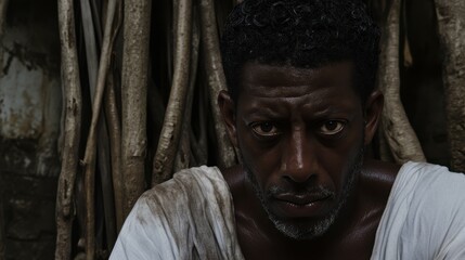 A man with deep-set eyes and a serious expression sits near thick, intertwined roots in a rustic setting. The atmosphere conveys a sense of contemplation and resilience