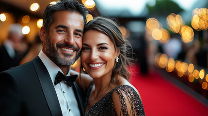 A couple dressed in formal evening wear, smiling as they pose on a red carpet at an elegant black tie event