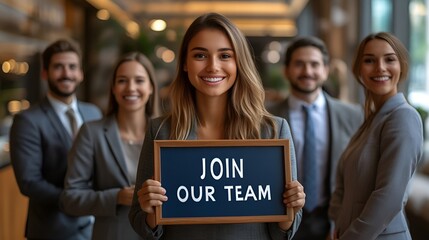 A group of professionals at a job fair - holding a sign that reads “JOIN OUR TEAM” - recruiting - recruiter - marketing - branding - college - corporate - career - fair