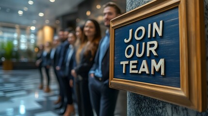 A group of professionals at a job fair - holding a sign that reads “JOIN OUR TEAM” - recruiting - recruiter - marketing - branding - college - corporate - career - fair
