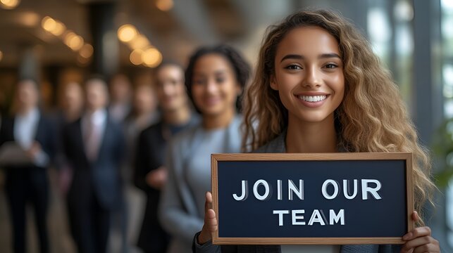 A group of professionals at a job fair - holding a sign that reads “JOIN OUR TEAM” - recruiting - recruiter - marketing - branding - college - corporate - career - fair