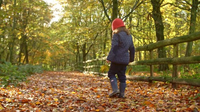 Rear view of young girl wearing warm clothing walking along path through autumn countryside holding leaves - shot in slow motion