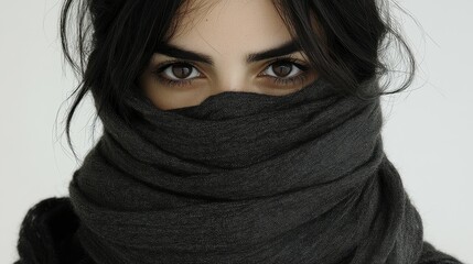 Naklejka premium A young woman stands with her gaze focused, her eyes peering from behind a thick dark scarf. The background is simple, enhancing her enigmatic presence and expression