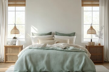 Cozy Bedroom Interior in Mint Green and Beige Scandinavian Minimalism