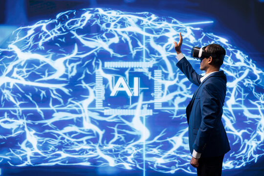 Programmer wearing VR smart goggles working with artificial intelligence neural networks. IT professional using virtual reality tech and AI systems in futuristic workspace