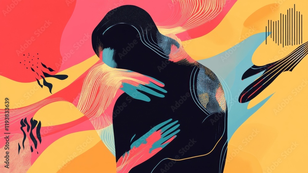 Aufkleber pain represented through abstract shapes and colors with a figure holding their back in discomfort. 