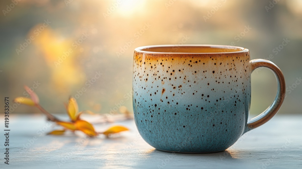 Poster beautifully crafted ceramic mug with unique glaze patterns on soft background surrounded by delicate