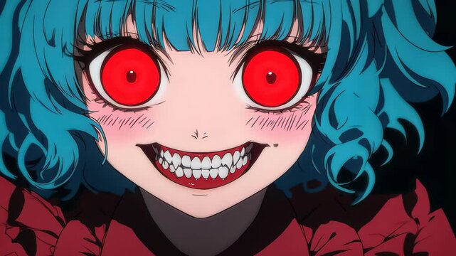 A captivating anime girl with glowing red eyes smiles mischievously while pulling off a white glove, showcasing her charm.