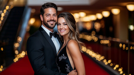 A couple dressed in formal evening wear, smiling as they pose on a red carpet at an elegant black tie event