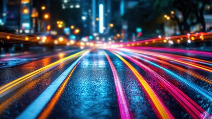 Fototapeta premium Abstract city street at night with blurred car light streaks