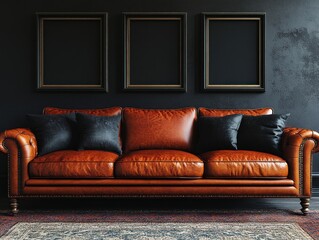 modern interior design cozy leather sofa empty frames dark wall minimalist style