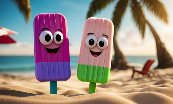 two 3d popsicle cartoon character mascots on the beach digital art