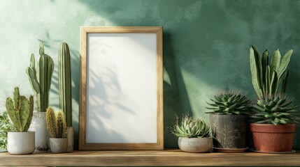 Fototapeta premium Photo of a wooden frame mockup on an indoor shelf with cacti and succulents