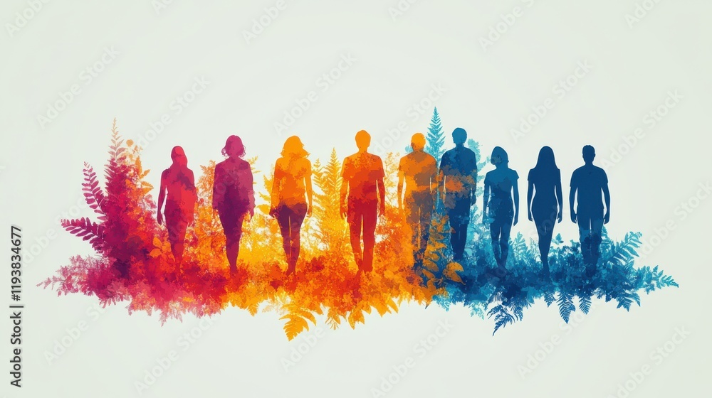 Poster diverse group of silhouetted people standing together amidst colorful abstract ferns creating a vibr