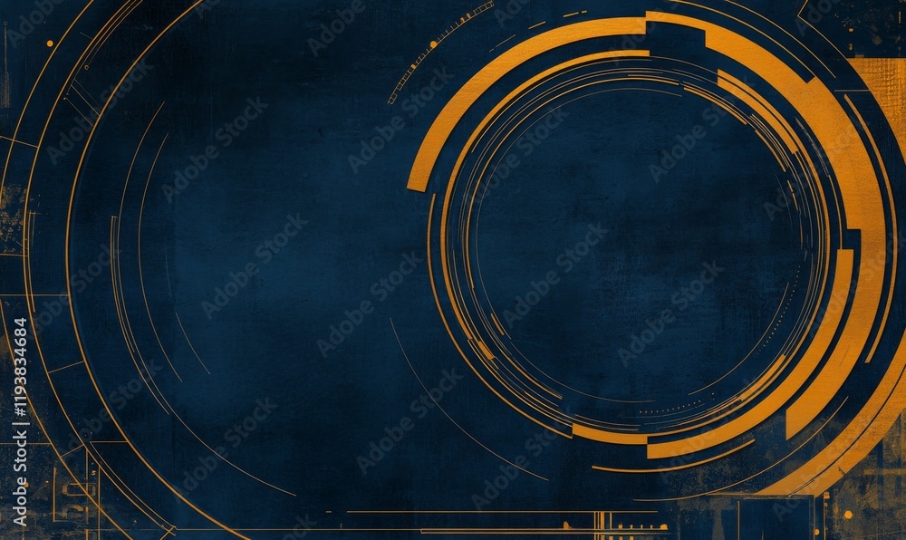 Poster abstract circular frame technical sketch in navy blue and mustard yellow on isolated background with