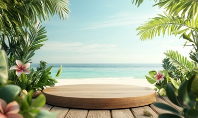 Fototapeta premium Summer product display on wooden podium at sea tropical beach