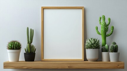 Fototapeta premium Wooden Shelf with Cacti and a Blank Frame: A Modern Minimalist Interior Design