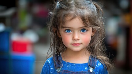 Fototapeta premium A young girl stands with a joyful expression, showcasing striking blue eyes and wavy hair styled in playful pigtails
