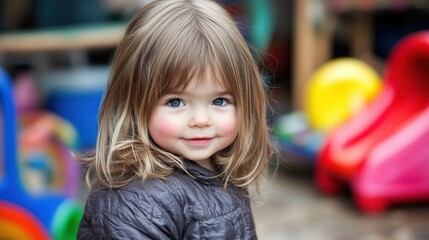 Fototapeta premium A young child with light brown hair smiles playfully while standing in a colorful playground filled with toys and slides, enjoying a bright day outdoors