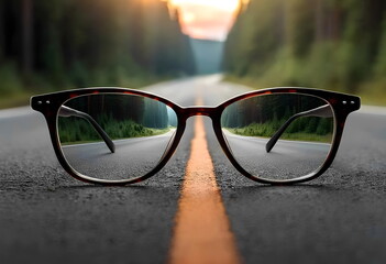 Glasses on the road reflecting the scenic route ahead