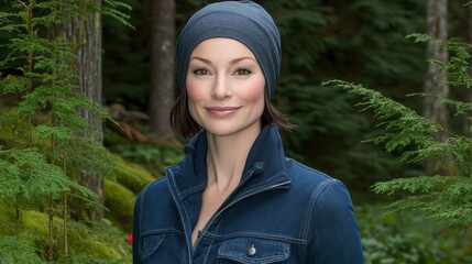 Naklejka premium A woman stands in a vibrant green forest, wearing a blue jacket and a matching beanie. She has a warm smile and is surrounded by dense foliage, indicating a tranquil outdoor setting