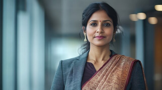 Confident indian businesswoman wearing saree in modern office environment