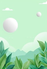 Obraz premium A minimalistic eco-themed landscape illustration featuring green leaves, mountains, and abstract shapesy