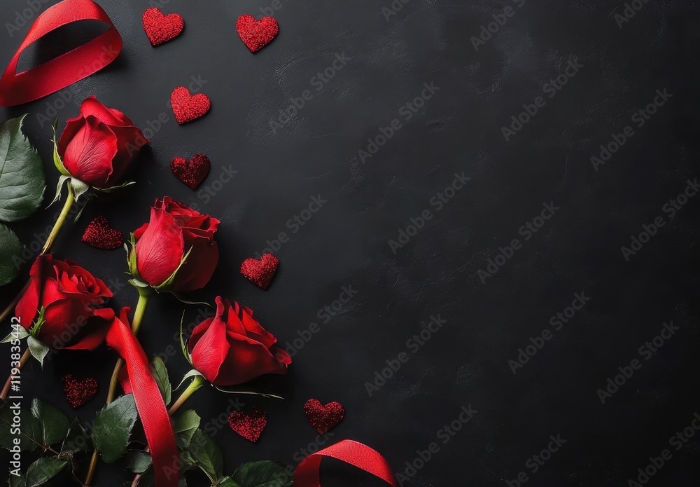 Poster red roses and red ribbon with hearts on a black background for a valentine's day celebration space t