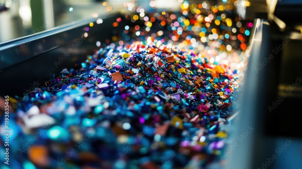 Poster detailed view of recycled materials being fed into a smallscale injection molding machine with visib