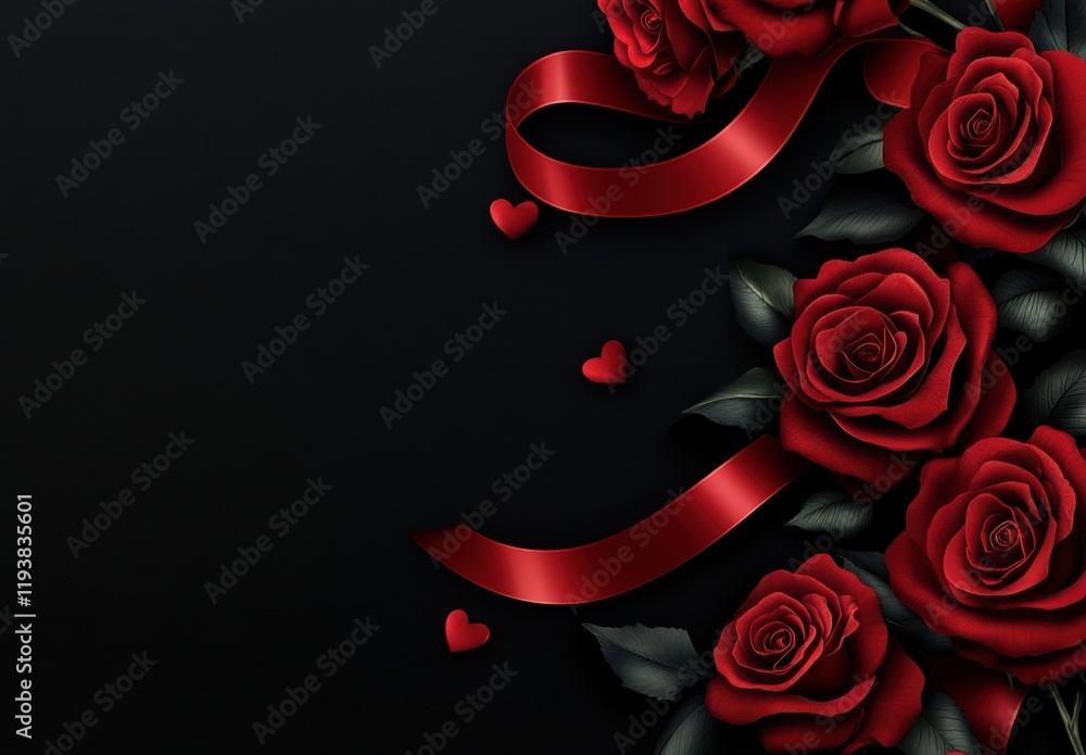Poster valentine's day background with red roses and ribbon on black paper, with space for text generative 