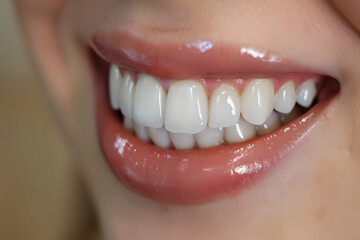 Fototapeta premium Close up, smile of a women with lip gloss and perfectly healthy white teeth. High quality photo