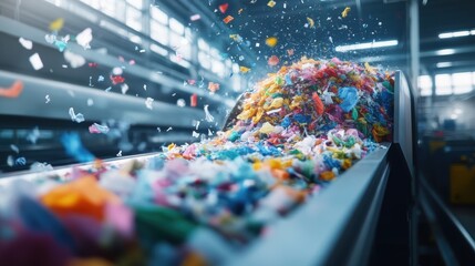 A closeup perspective of machinery sorting textile waste with bright fabric swatches being efficiently processed on a conveyor belt emphasizing innovative recycling in the fashion industry.