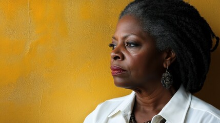 A woman with grey dreadlocks and elegant earrings gazes thoughtfully to the side, displaying a calm demeanor. The warm yellow wall enhances the tranquil atmosphere