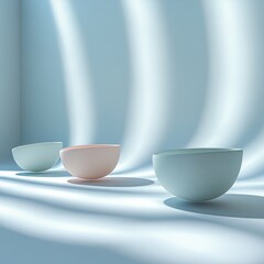 Minimalist Pastel Bowls with Dramatic Backlighting for Product Display and Interior Showcase