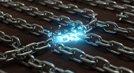 Powerful metal chain breaking free.  Liberation and freedom. Industrial strength.