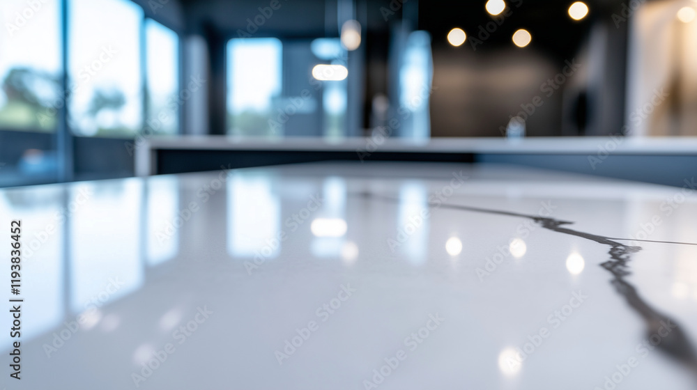Poster quartz countertop slabs with intricate veining and a mirror-like polish, captured up-close with subt