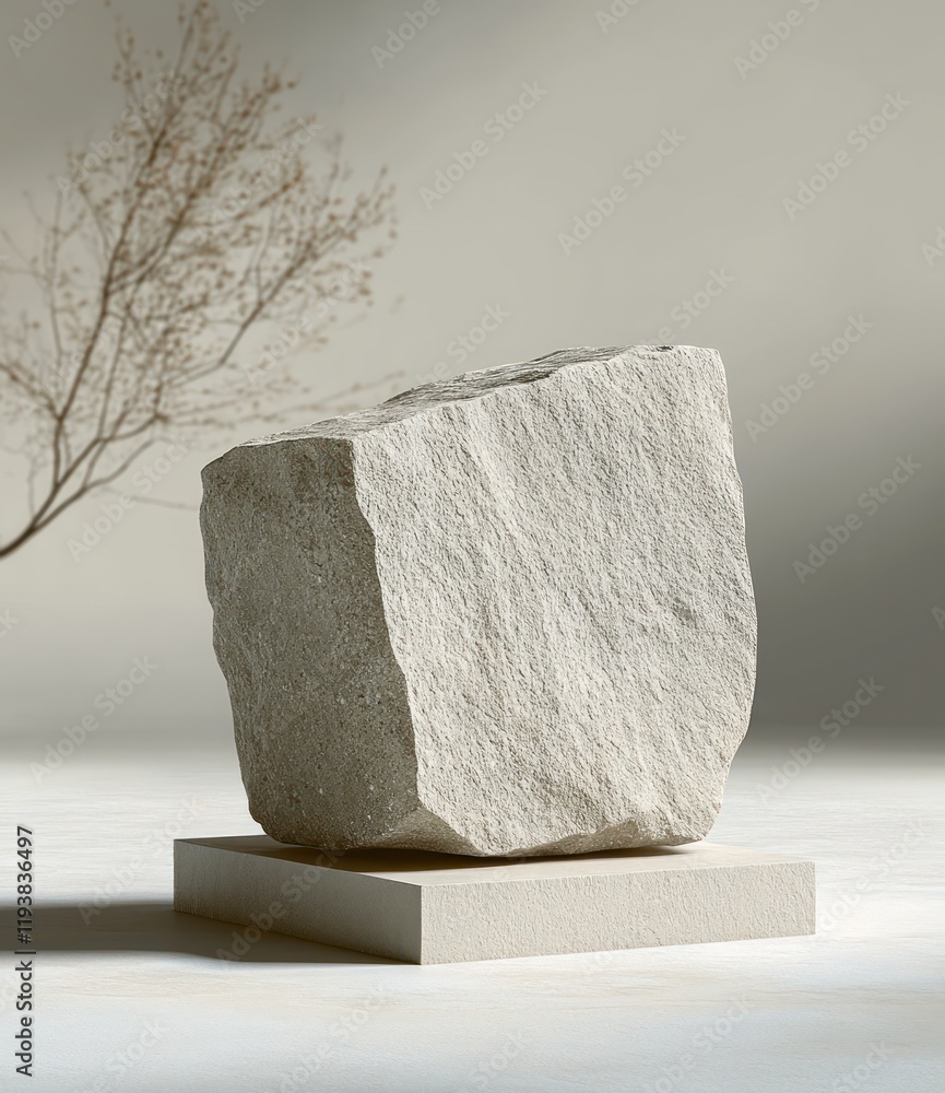 Poster minimalist modern stone block sculpture display stand in soft light with shadows on brown background
