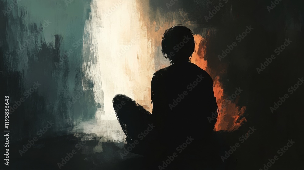 Aufkleber Person in shadow experiences mental turmoil through abstract elements in a contrasting light. Generative AI