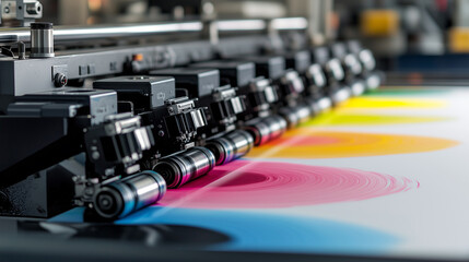 Naklejka premium A detailed shot of ink rollers spreading even layers of ink on a high-speed printing press