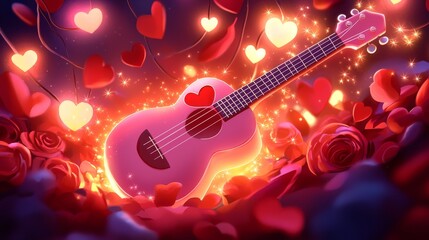 Naklejka premium A pink ukulele with a heart-shaped soundhole, surrounded by red rose petals, glowing fairy lights, and sparkling hearts, in a romantic watercolor illustration