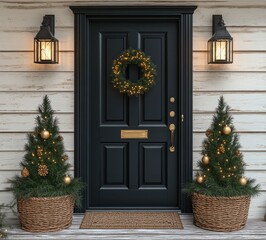 Fototapeta premium Black Front Door with Christmas Decor and Warm Lantern Light