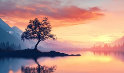 Serene Sunset Landscape With Solitary Tree Silhouette